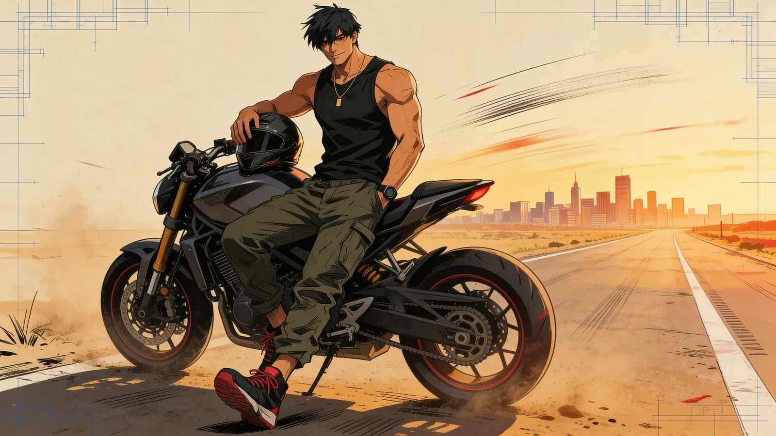 Sheb3o sitting on a parked naked motorcycle at golden hour, helmet under his hand, an open road and a city skyline behind him