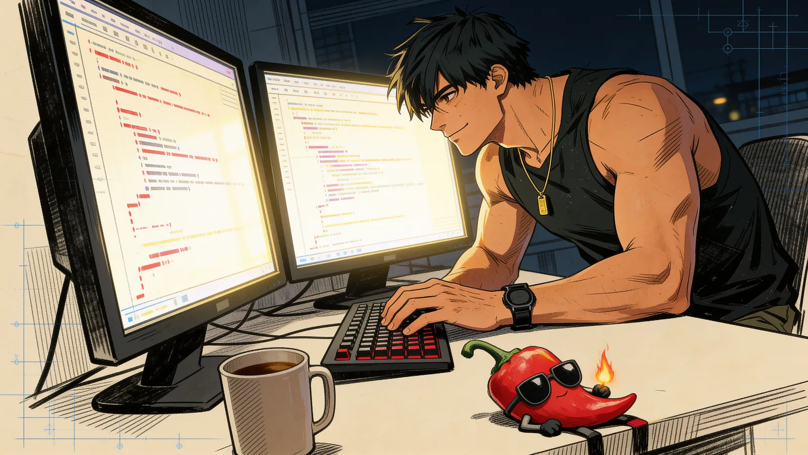 Sheb3o coding late at night between two monitors while Shatta sleeps on the desk with a tiny flame flickering