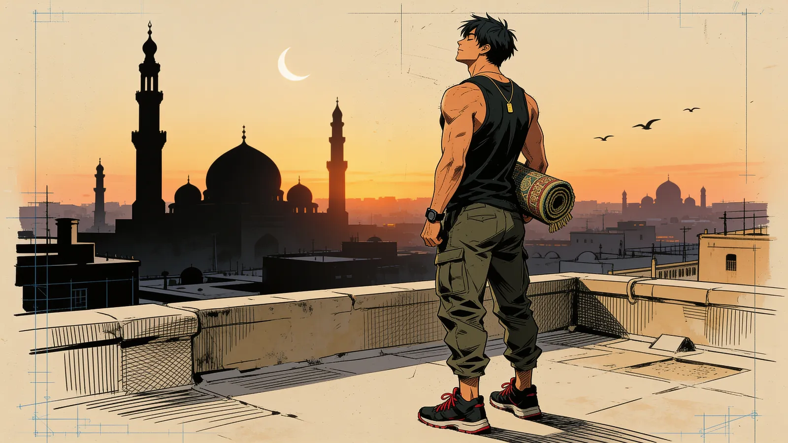 Sheb3o standing alone on a Cairo rooftop before sunrise, a rolled prayer mat under his arm, minarets and a crescent moon on the skyline