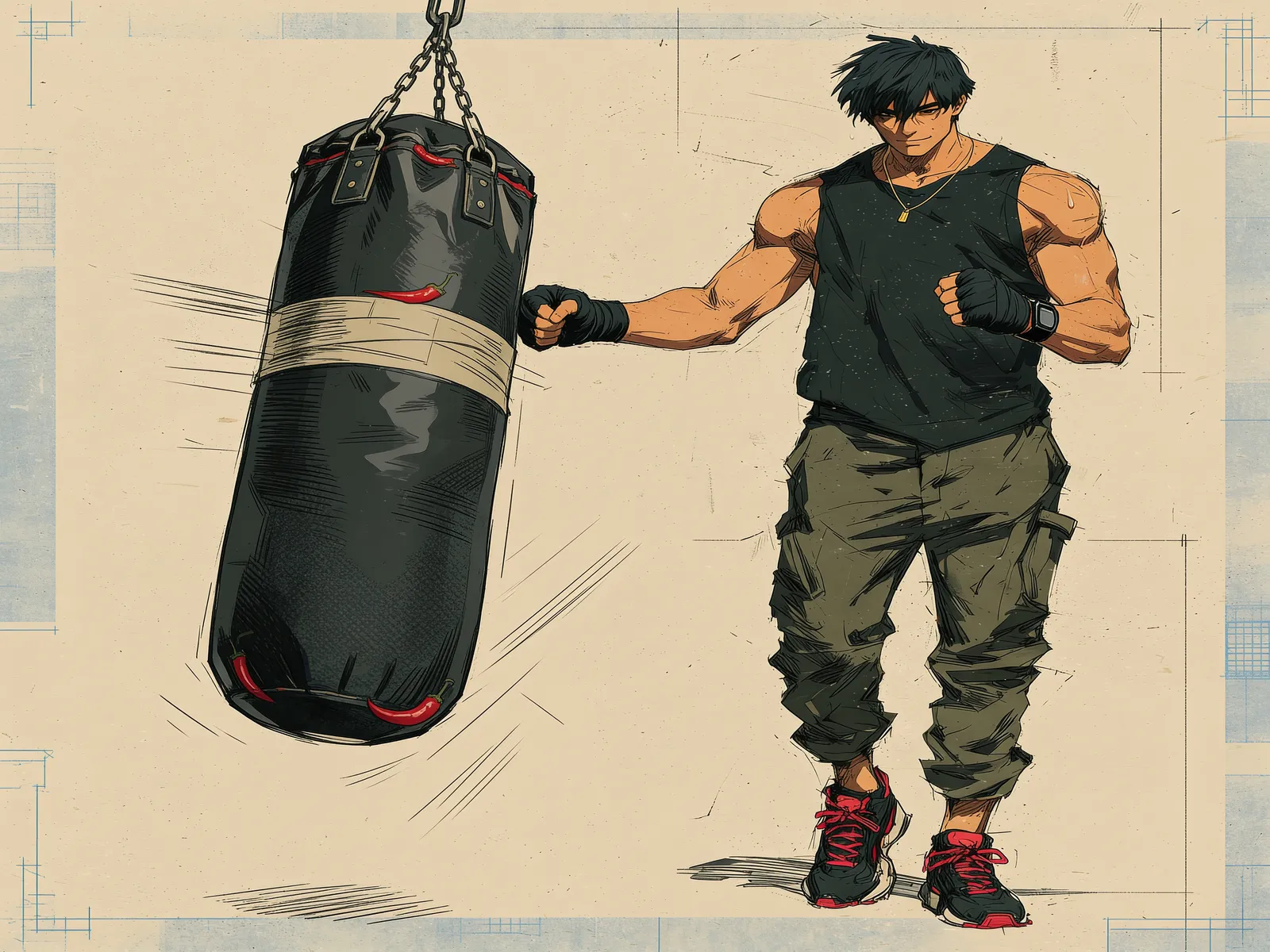 Sheb3o with wrapped hands in a fighting stance next to a swinging heavy bag in a gritty gym