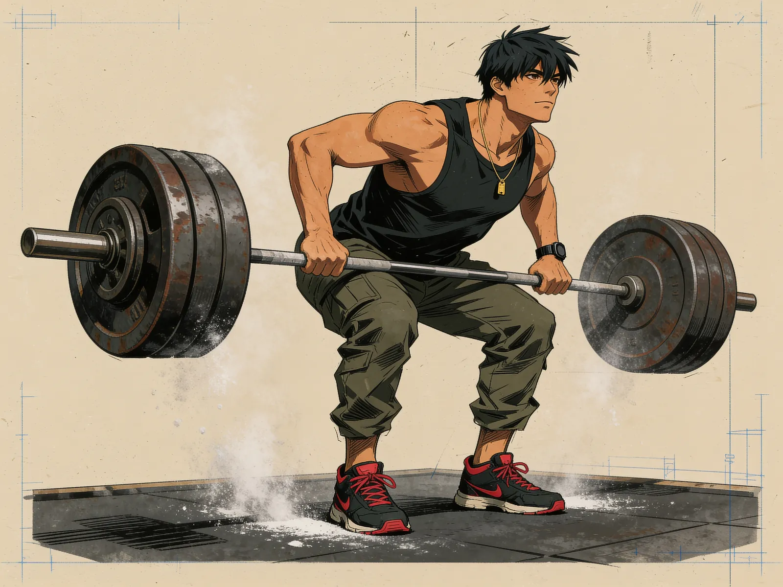 Sheb3o mid-deadlift in an old iron gym, chalk dust in the air, barbell loaded with plates