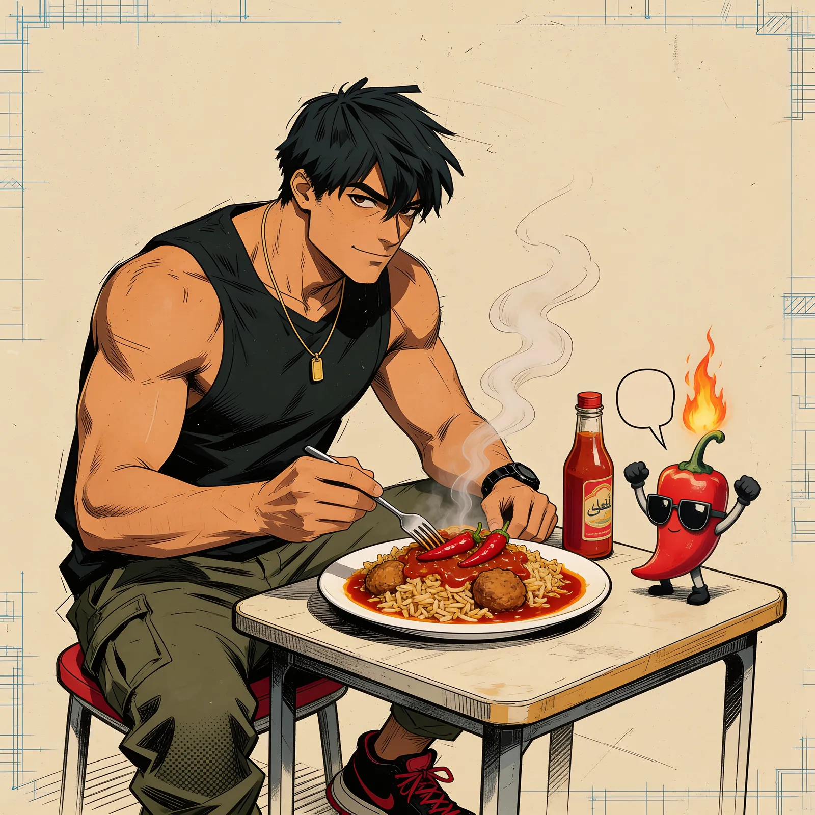 Sheb3o calmly eating a plate piled with red chilies while Shatta panics on the table, flame blazing