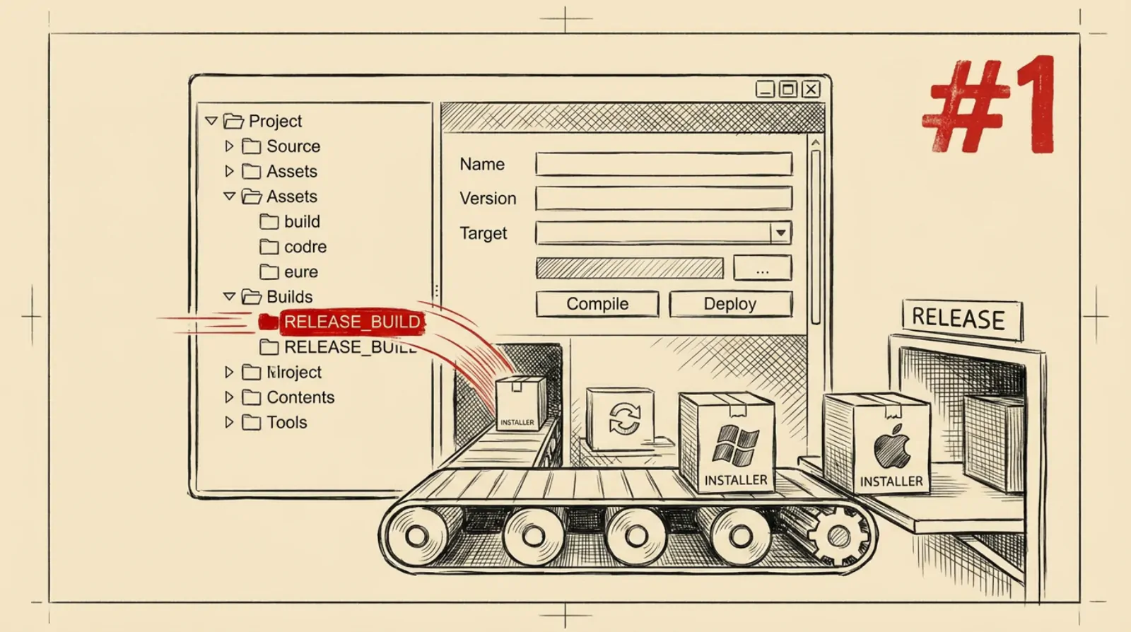Ink sketch of a desktop app with a syllabus tree on the left pane and installers rolling out on a conveyor