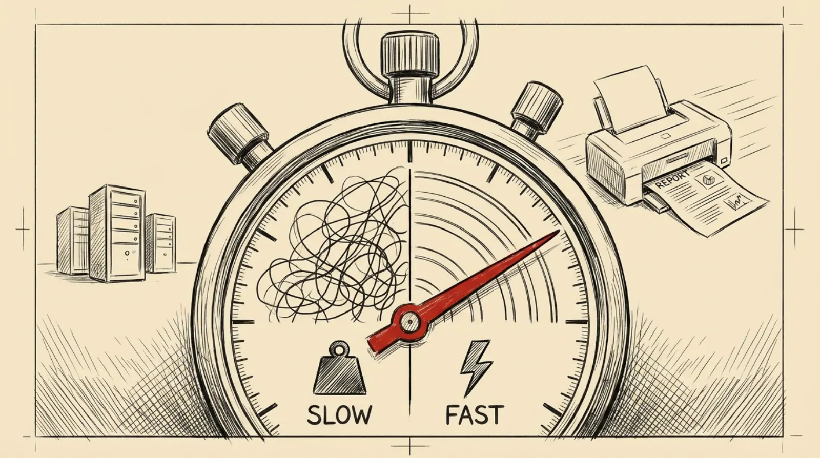 Ink sketch of a stopwatch split between tangled slow lines and clean fast lines, its red needle pointing to the fast half