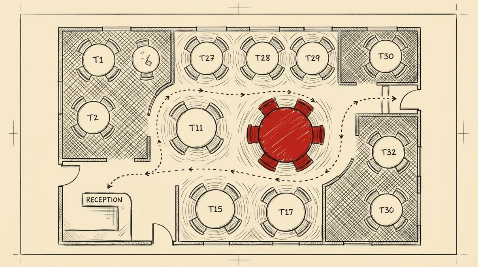 Ink sketch of a restaurant floor plan drawn as a blueprint with numbered tables and one table marked in red